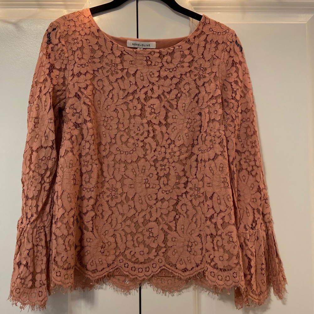 Rose & Olive Pink Floral Lace Long Sleeve Blouse
